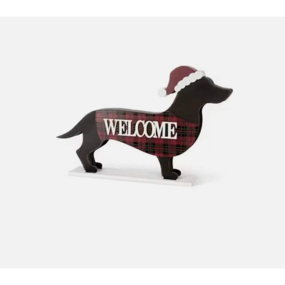 Glitzhome Dachshund Christmas Stand Sign-Metal‎ Plaid 24" X 15" Indoor Outdoor